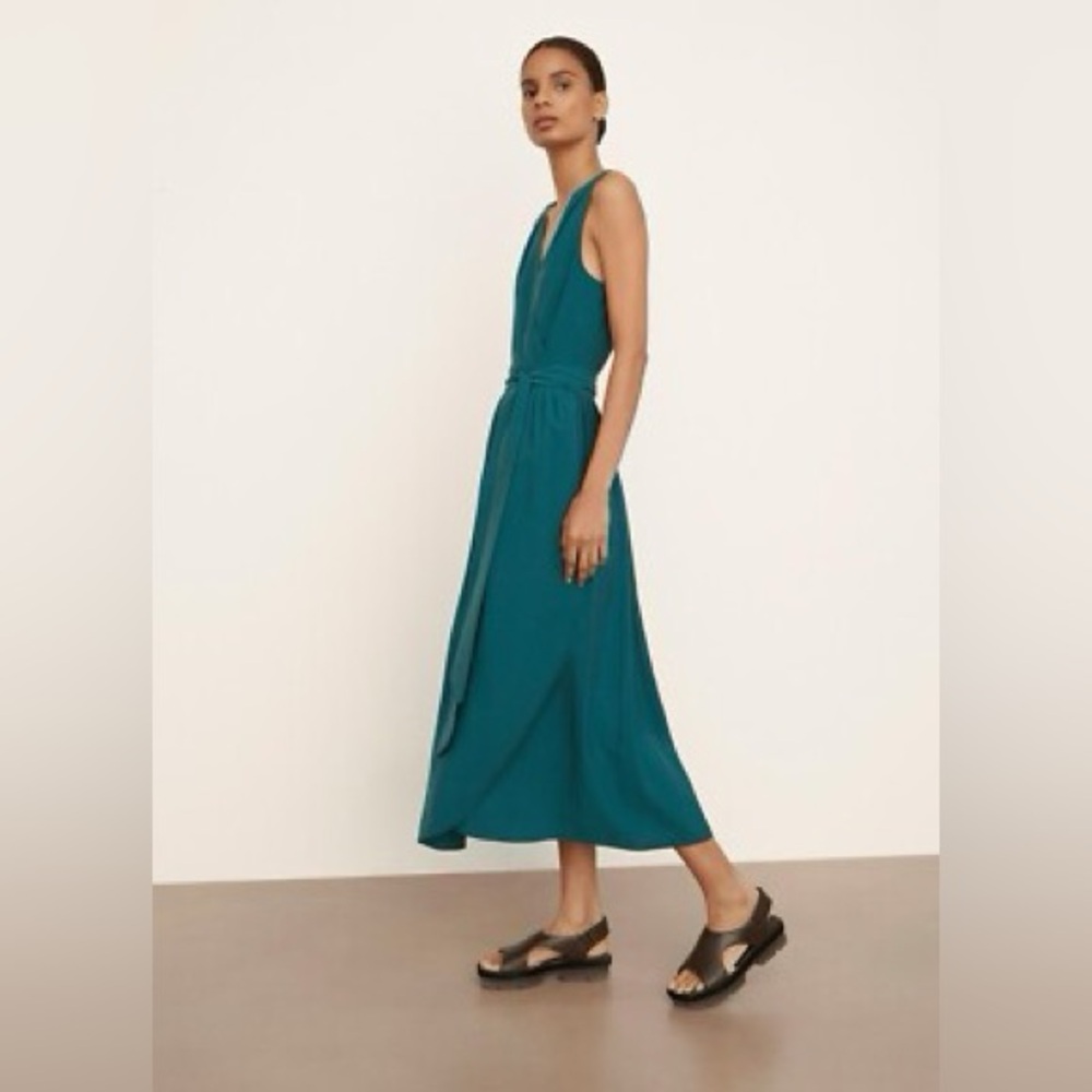 VINCE midi sleeveless wrap dress in teal - Picture 3 of 5